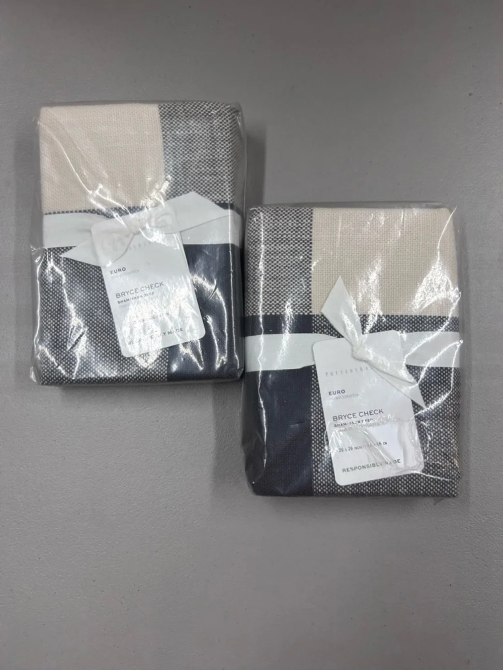 2 Pottery Barn Bryce Check Euro Sham Yarn Dyed Charcoal Black Cream NWT